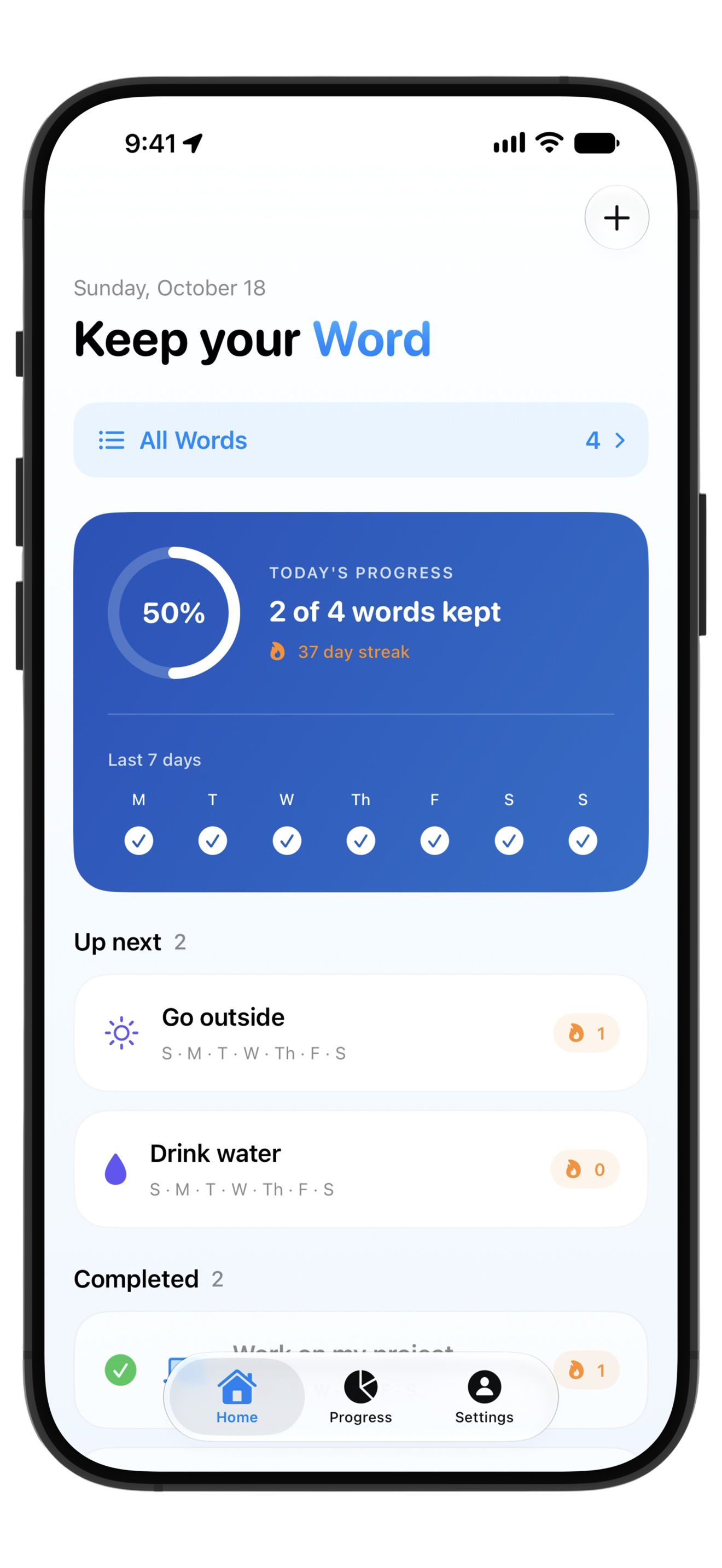 Word home screen showing daily progress, a 37-day streak, and upcoming habits.