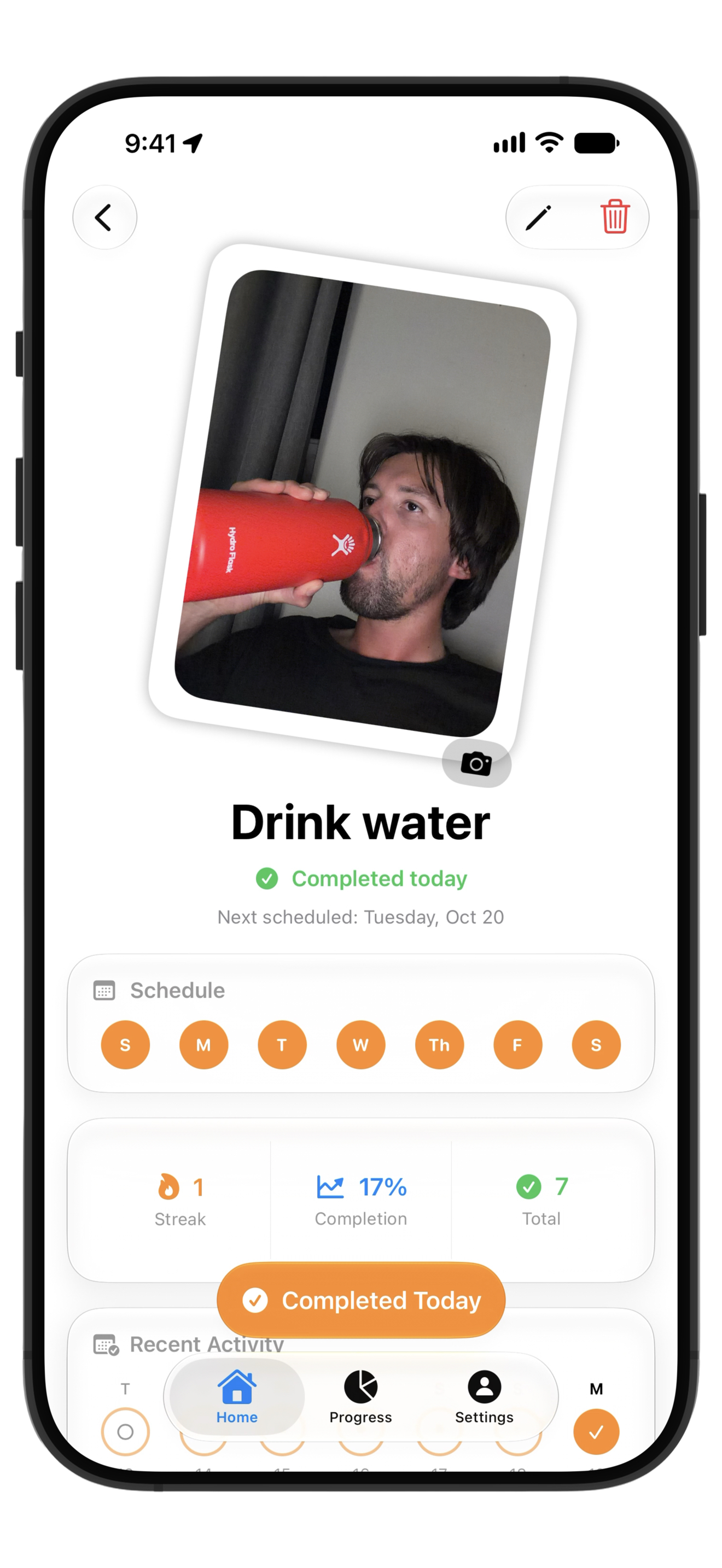 Word’s drink water habit marked complete with photo proof.